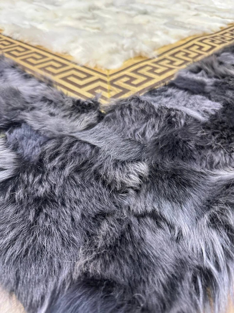 Gray White Large Sheepskin Rug, Fluffy Soft Natural Leather Handmade Rug