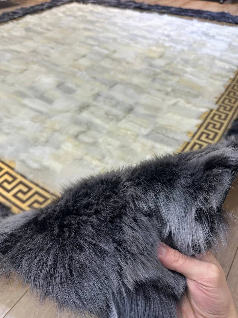 Gray White Large Sheepskin Rug, Fluffy Soft Natural Leather Handmade Rug