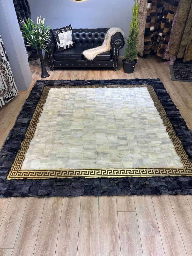 Gray White Large Sheepskin Rug, Fluffy Soft Natural Leather Handmade Rug