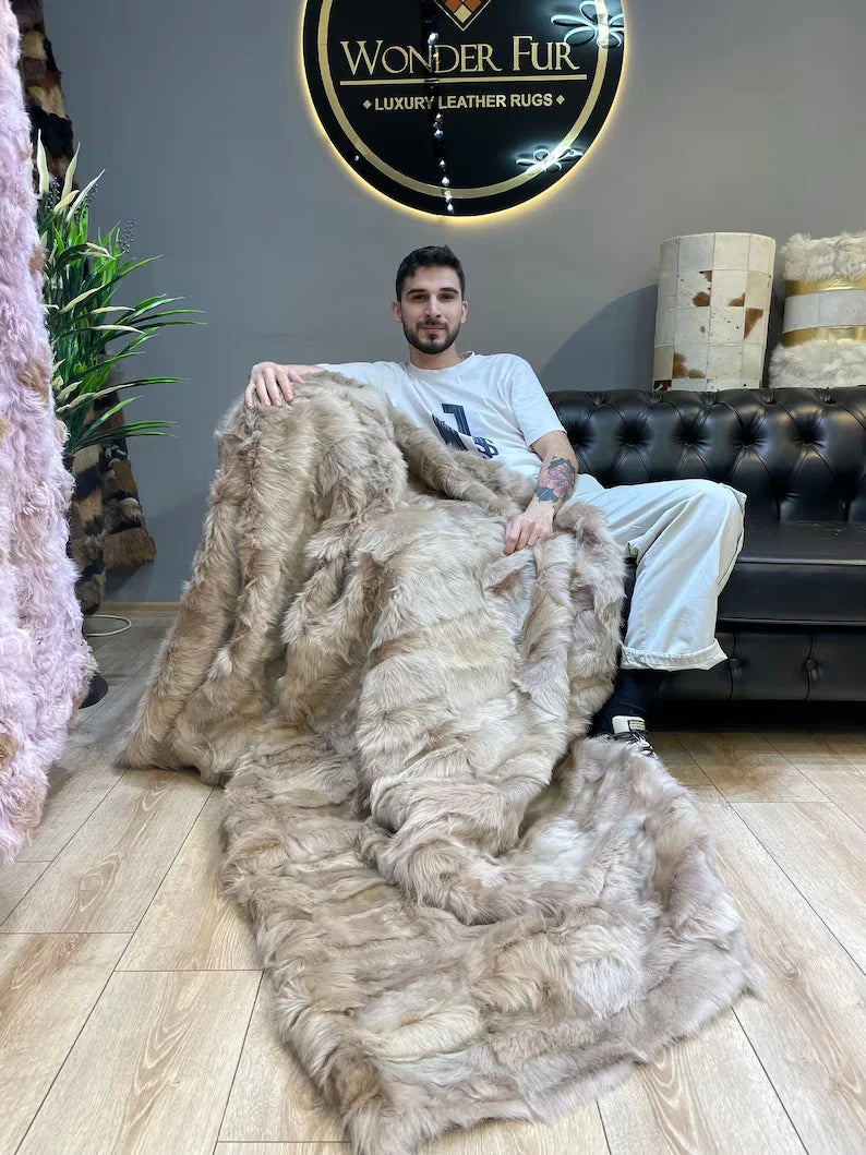 Real Sheepskin Fur Blanket Throw, Personalized Handmade Fur Bedspread