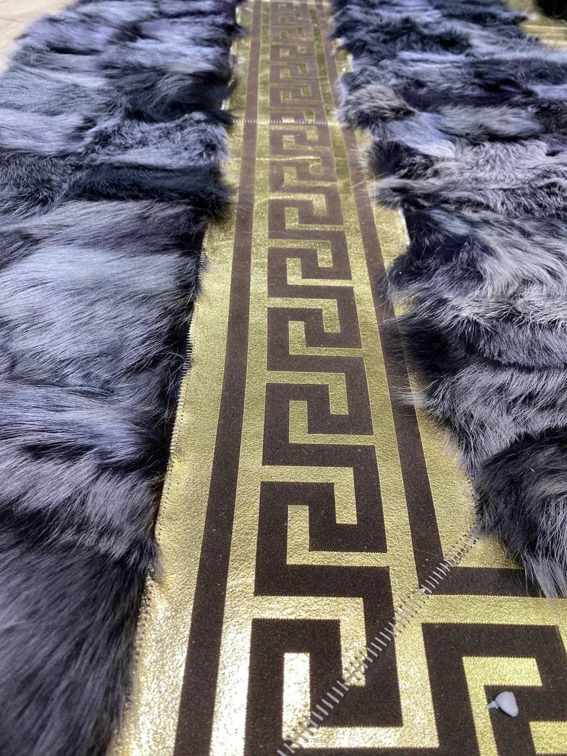 Black and Gray Natural Sheepskin Large Area Rug, Handmade Gold Pattern Rug