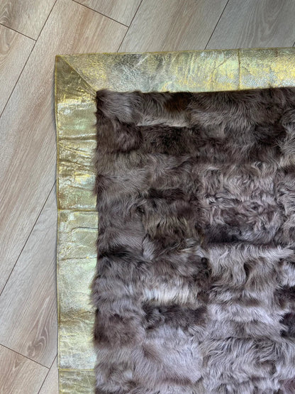 Luxury Brown Fluffy Natural Sheepskin Rug with Gold Border, Handamde Elegance