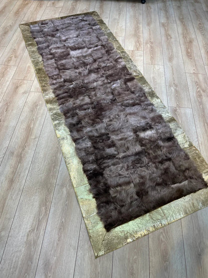 Luxury Brown Fluffy Natural Sheepskin Rug with Gold Border, Handamde Elegance