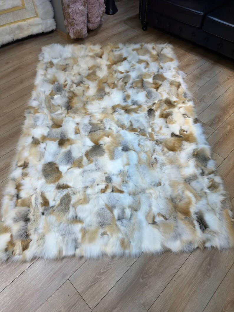 Luxury Golden Brown 100% Genuine Fox Fur Area Rug for Living Room