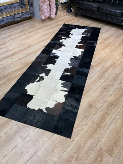 Black White Modern Hallway Rug, Hadnamde Natural Cowhide Runner Rug