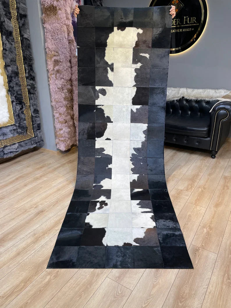 Black White Modern Hallway Rug, Hadnamde Natural Cowhide Runner Rug