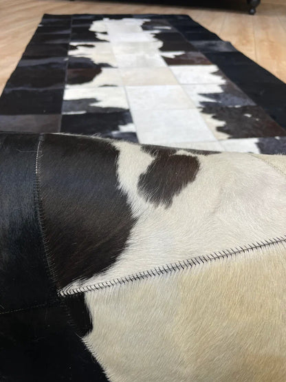 Black White Modern Hallway Rug, Hadnamde Natural Cowhide Runner Rug