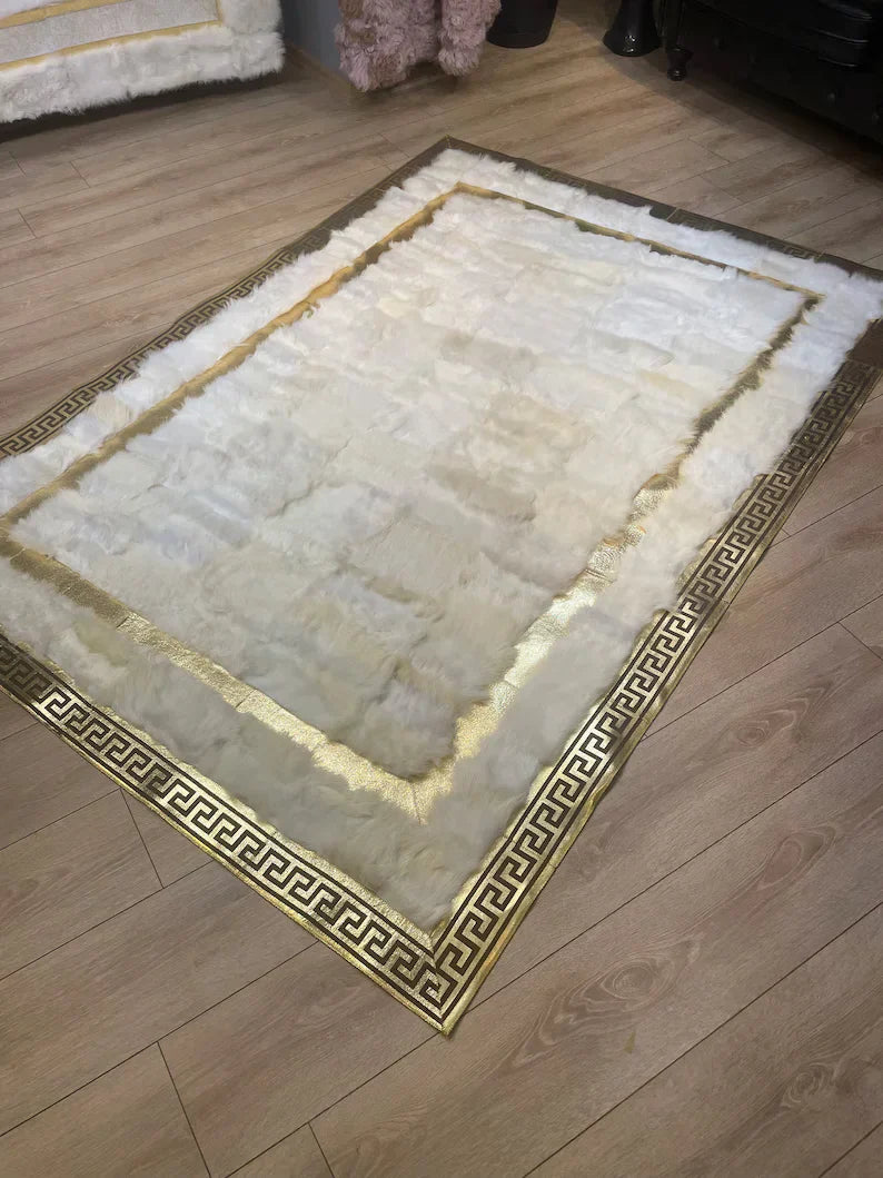 Elegant White Gold Natural Sheepskin Area Rug, Handmade 6x8 Rug