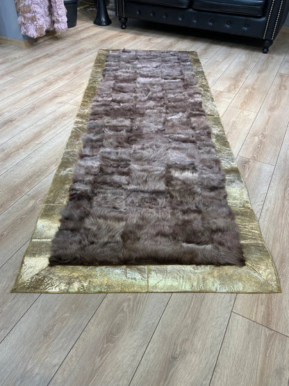 Luxury Brown Fluffy Natural Sheepskin Rug with Gold Border, Handamde Elegance
