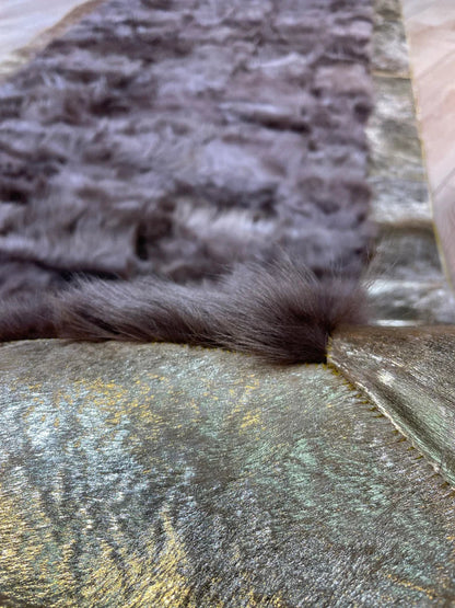 Luxury Brown Fluffy Natural Sheepskin Rug with Gold Border, Handamde Elegance