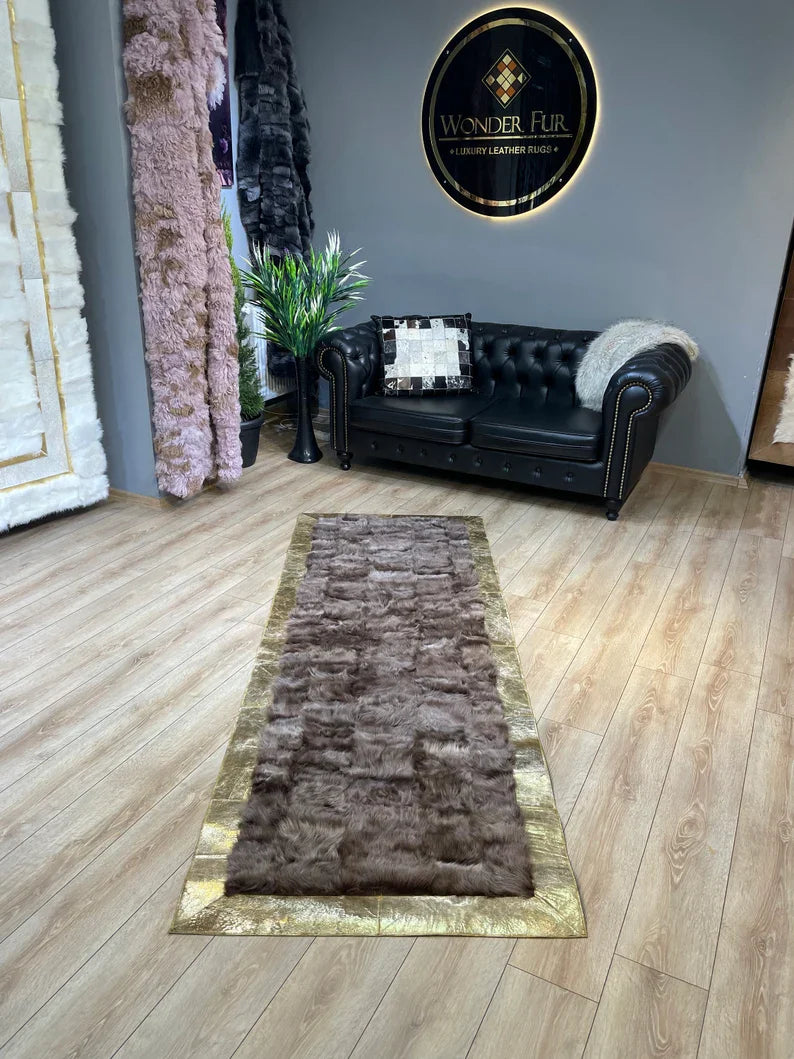 Luxury Brown Fluffy Natural Sheepskin Rug with Gold Border, Handamde Elegance