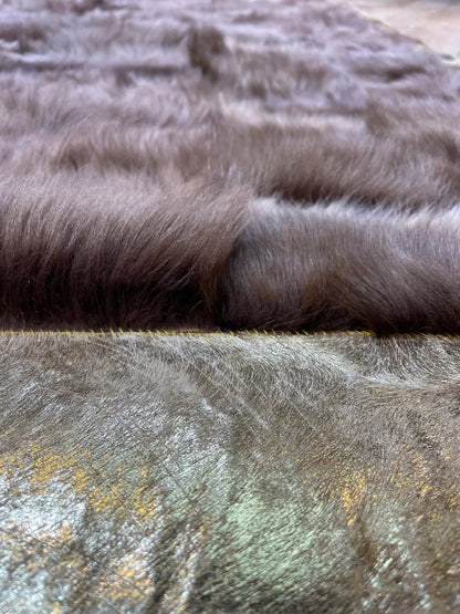 Luxury Brown Fluffy Natural Sheepskin Rug with Gold Border, Handamde Elegance