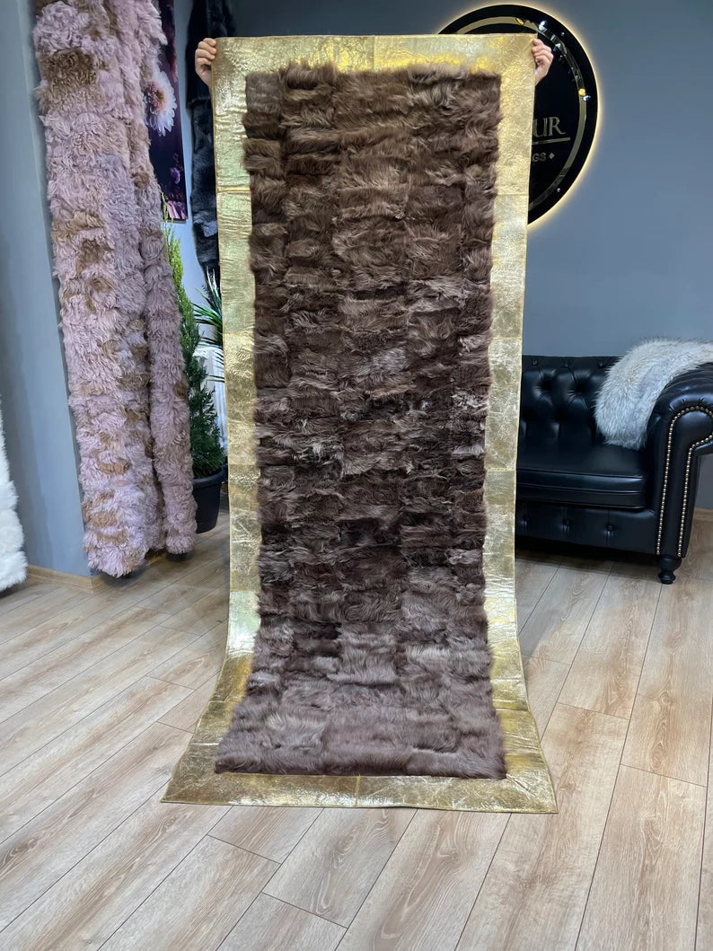 Luxury Brown Fluffy Natural Sheepskin Rug with Gold Border, Handamde Elegance