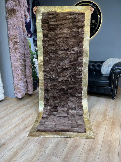 Luxury Brown Fluffy Natural Sheepskin Rug with Gold Border, Handamde Elegance