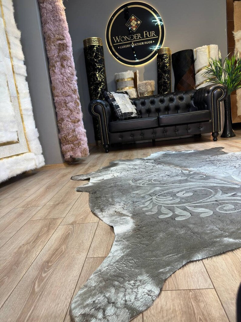 Silver Genuine Cowskin Lazer Pattern Rug, Special Calfskin Decor Rug