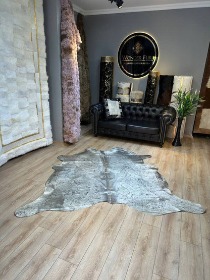 Silver Genuine Cowskin Lazer Pattern Rug, Special Calfskin Decor Rug