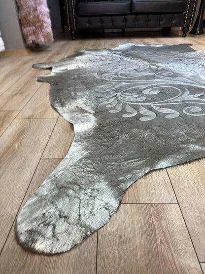 Silver Genuine Cowskin Lazer Pattern Rug, Special Calfskin Decor Rug