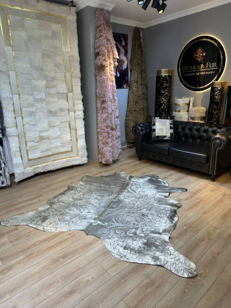 Silver Genuine Cowskin Lazer Pattern Rug, Special Calfskin Decor Rug
