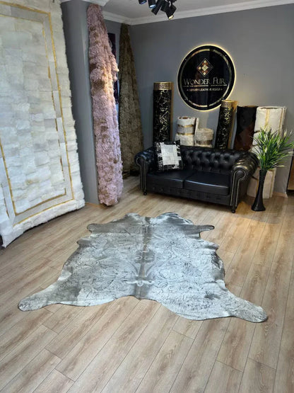Silver Genuine Cowskin Lazer Pattern Rug, Special Calfskin Decor Rug