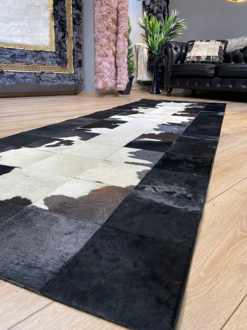 Black White Modern Hallway Rug, Hadnamde Natural Cowhide Runner Rug
