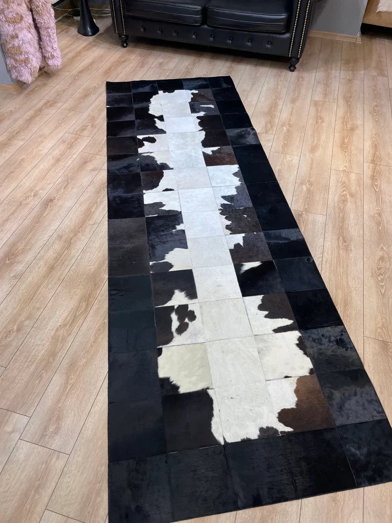 Black White Modern Hallway Rug, Hadnamde Natural Cowhide Runner Rug
