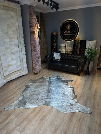 Silver Genuine Cowskin Lazer Pattern Rug, Special Calfskin Decor Rug