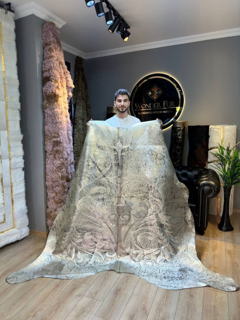 Silver Genuine Cowskin Lazer Pattern Rug, Special Calfskin Decor Rug