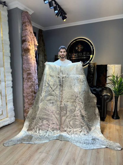 Silver Genuine Cowskin Lazer Pattern Rug, Special Calfskin Decor Rug