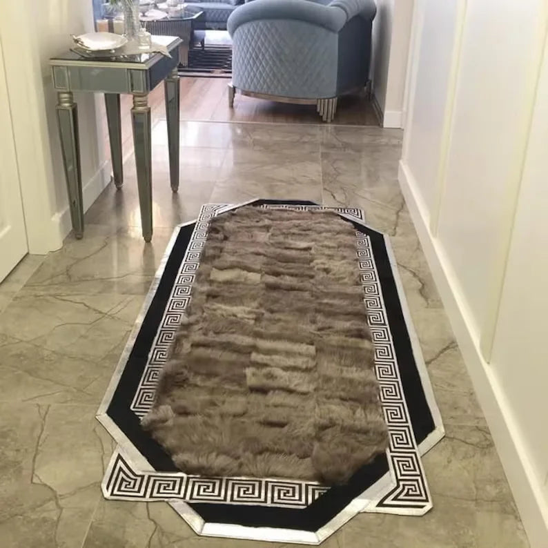 Handmade Sheepskin Natural Brown And Silver Patchwork Runner Rug