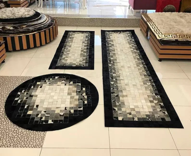 Tricolor Natural Handmade Cowhide Runner Rug, Genuine Leather Fur Carpet for Hallway