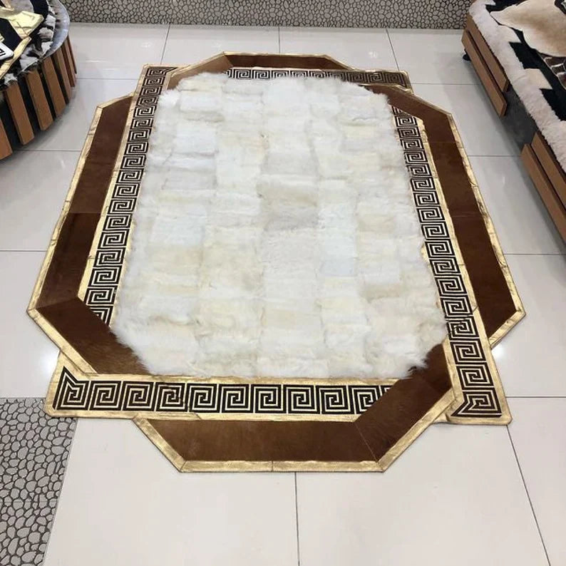 Patchwork Handmade Brown White Natural Sheepskin 8x10 Home Decor Rug