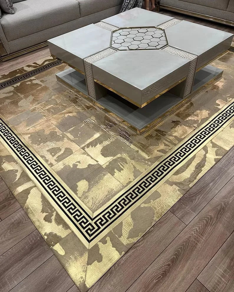 Gold Cowhide Area Rug, 100% Genuine Leather Patchwork Rug, Luxury Rug for Living Room