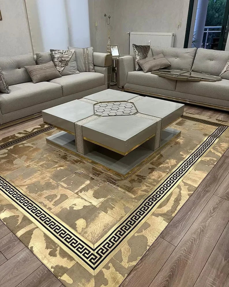 Gold Cowhide Area Rug, 100% Genuine Leather Patchwork Rug, Luxury Rug for Living Room
