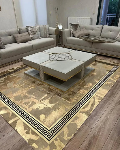 Gold Cowhide Area Rug, 100% Genuine Leather Patchwork Rug, Luxury Rug for Living Room