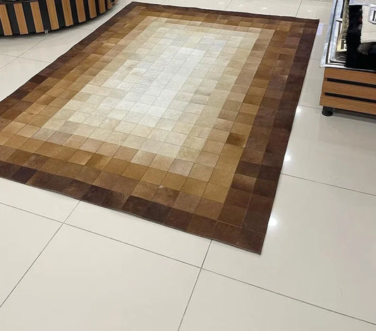 Handmade 100% Genuine Cowhide Area Rug, Brown Patchwork Rug for Living Room Decoration, Natural Leather Rug