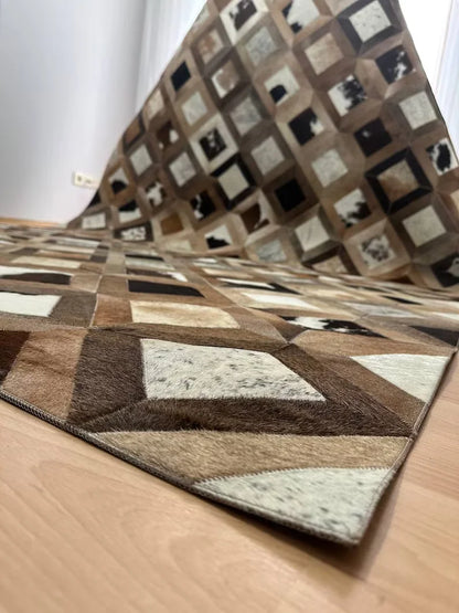 Unique Design Brown Handmade 100% Genuine Cowhide Rug, Patchwork Area Rug, Home Decor