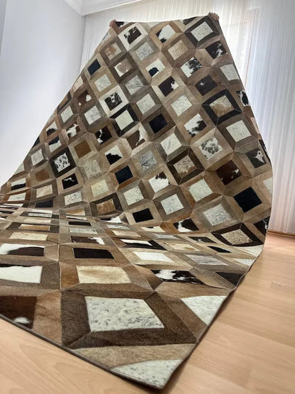 Unique Design Brown Handmade 100% Genuine Cowhide Rug, Patchwork Area Rug, Home Decor