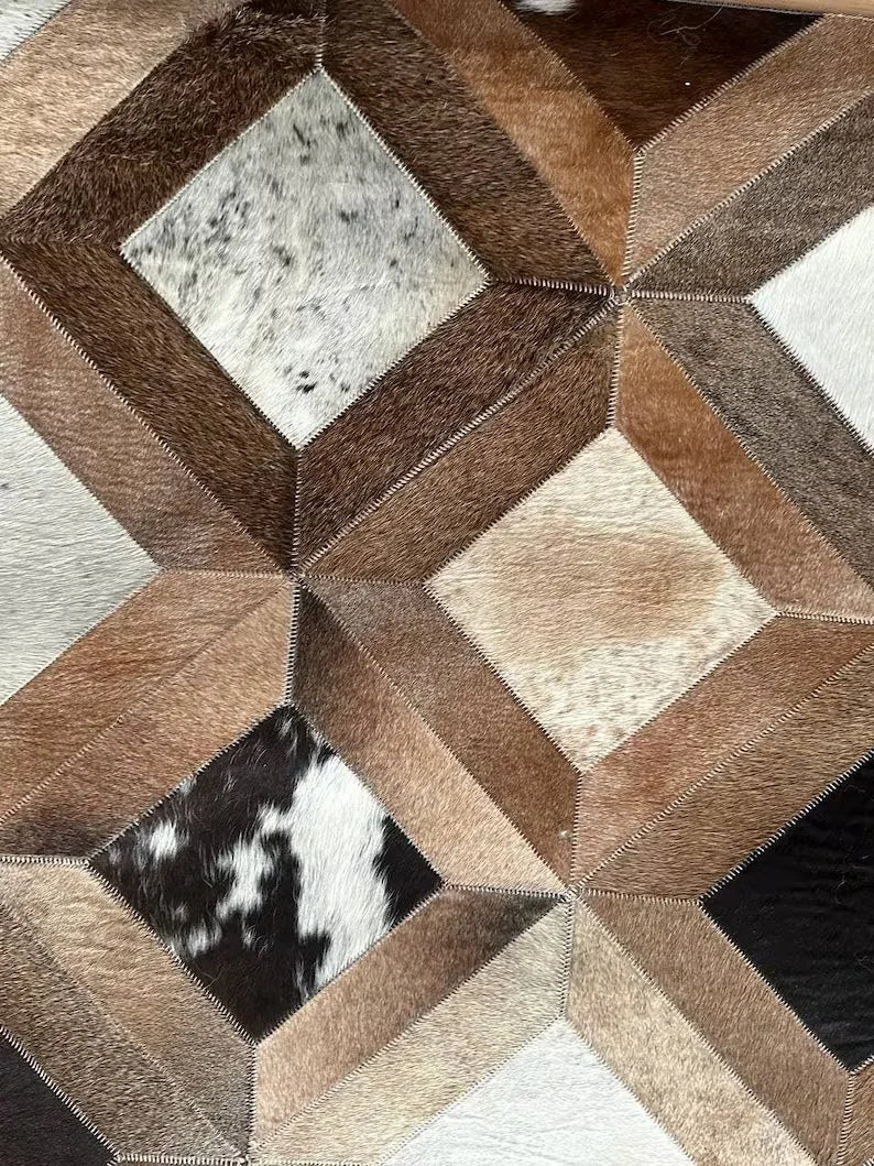 Unique Design Brown Handmade 100% Genuine Cowhide Rug, Patchwork Area Rug, Home Decor