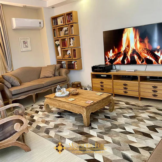 Tricolor Handmade Natural Sheepskin Area Rug, Leather Patchwork Unique Decorative Rug