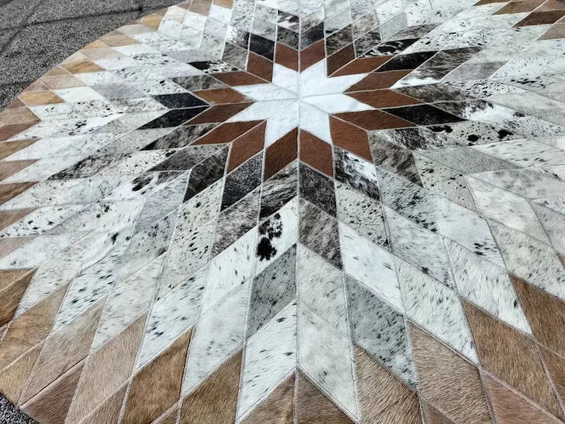 High Quality Symmetrical Cowhide Area Rug, Genuine Leather Carpet, Round Cowhide Rug