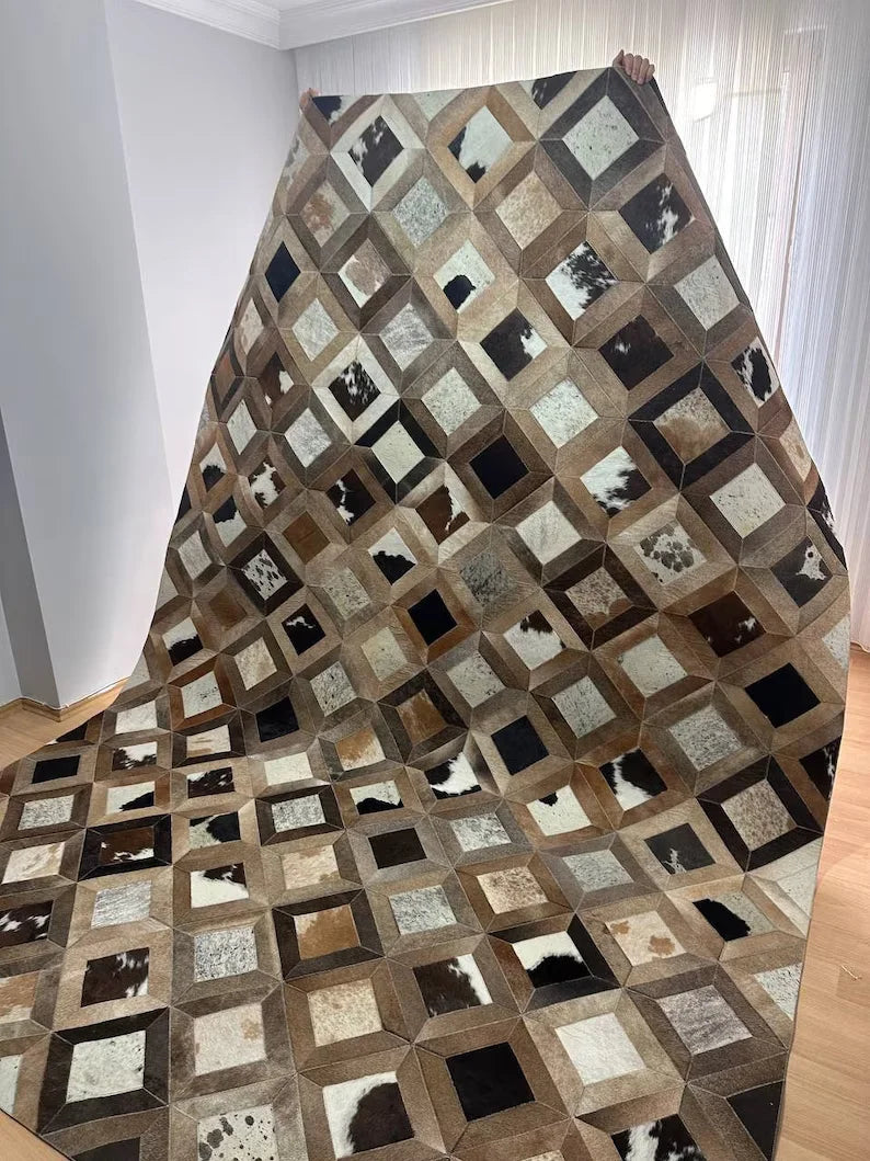 Unique Design Brown Handmade 100% Genuine Cowhide Rug, Patchwork Area Rug, Home Decor