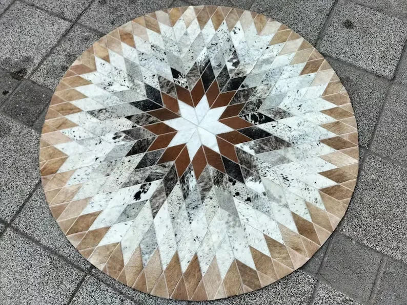 High Quality Symmetrical Cowhide Area Rug, Genuine Leather Carpet, Round Cowhide Rug