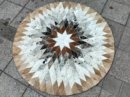 High Quality Symmetrical Cowhide Area Rug, Genuine Leather Carpet, Round Cowhide Rug