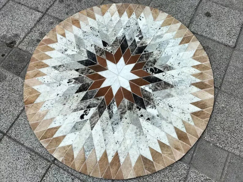 High Quality Symmetrical Cowhide Area Rug, Genuine Leather Carpet, Round Cowhide Rug