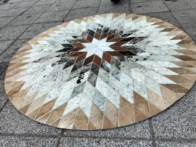 High Quality Symmetrical Cowhide Area Rug, Genuine Leather Carpet, Round Cowhide Rug
