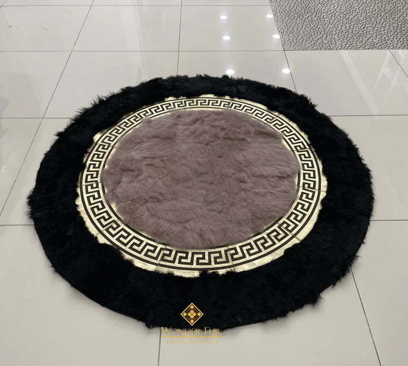 Luxury Black Beige Round Sheepskin Handmade Fluffy Home Decorative Rug
