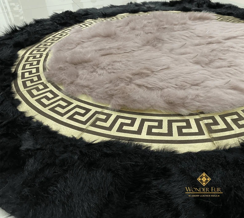 Luxury Black Beige Round Sheepskin Handmade Fluffy Home Decorative Rug