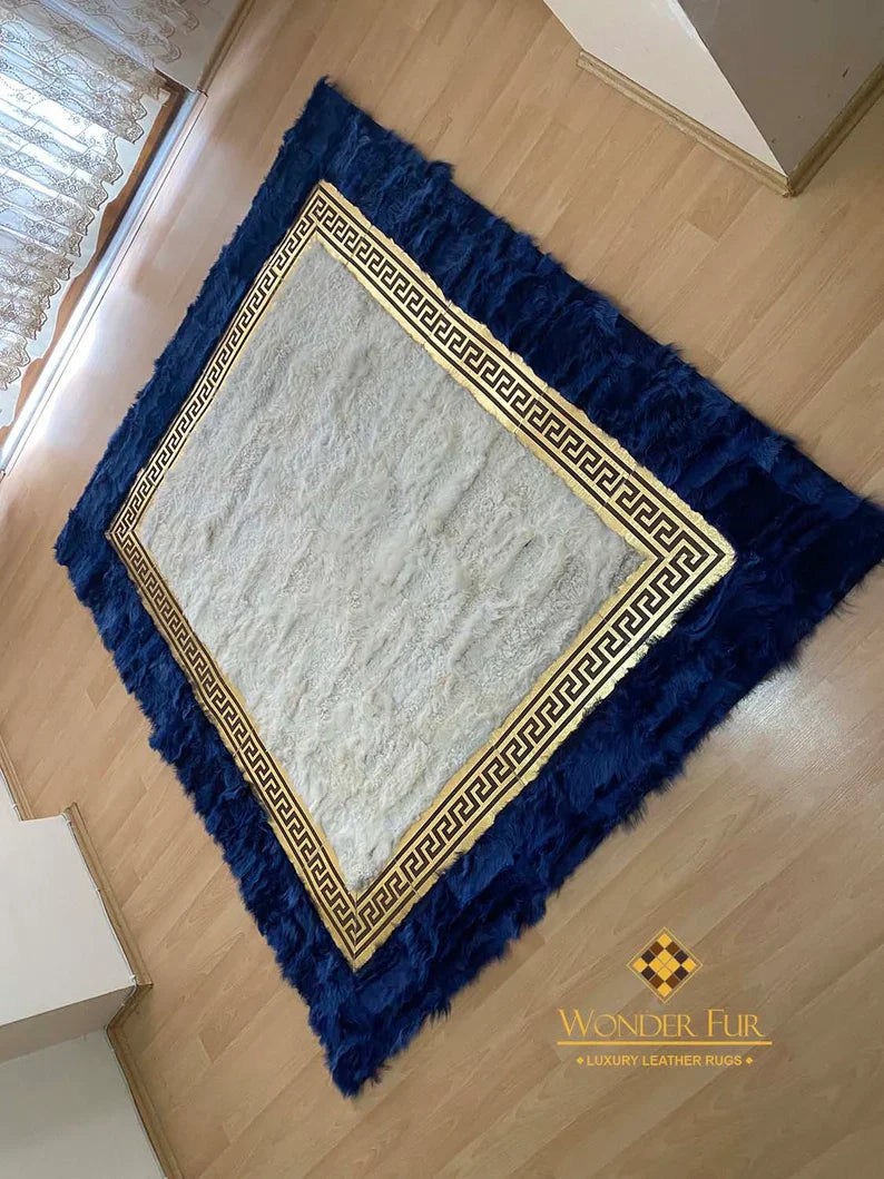 Patchwork Handmade Blue White Natural Sheepskin Bedroom 6x8 Rug