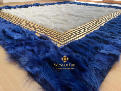 Patchwork Handmade Blue White Natural Sheepskin Bedroom 6x8 Rug