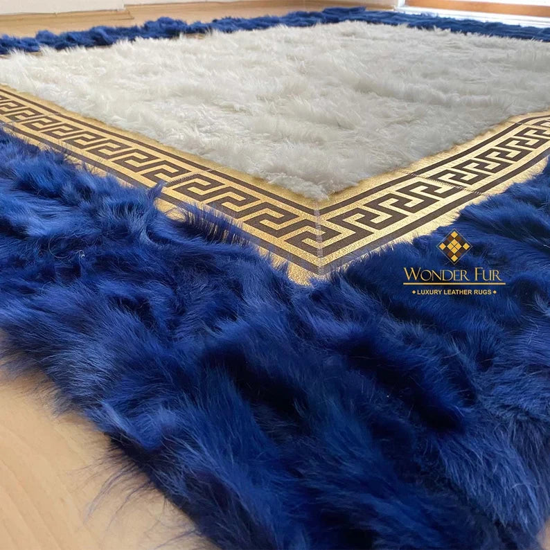 Patchwork Handmade Blue White Natural Sheepskin Bedroom 6x8 Rug
